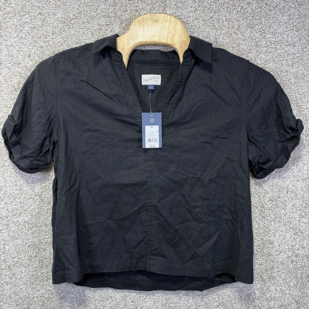 NWT Universal Thread Top Womens XL Black Linen Blend Collar Short Sleeve Blouse